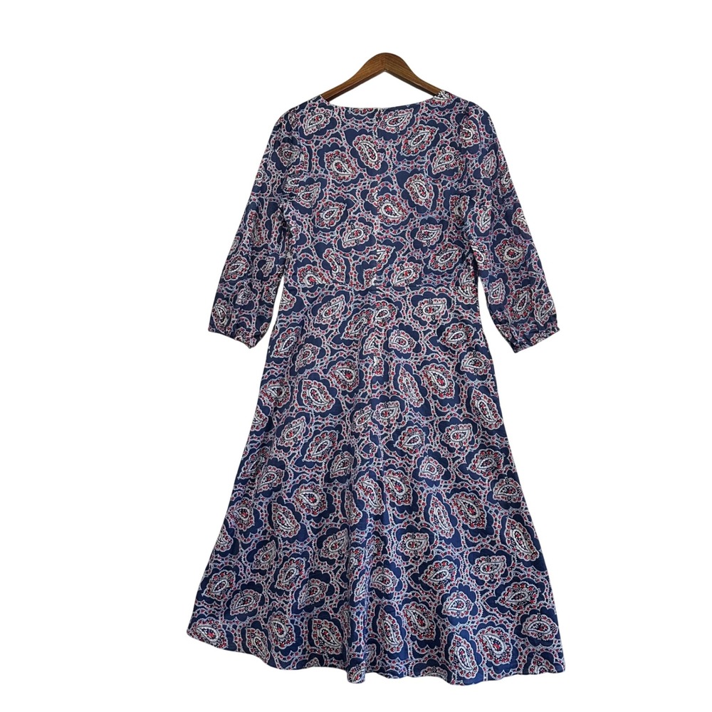 Talbots Midi Dress Women Size 6 Navy Blue Paisley Print V Neck 3/4 Sleeve Pocket - Picture 8 of 13